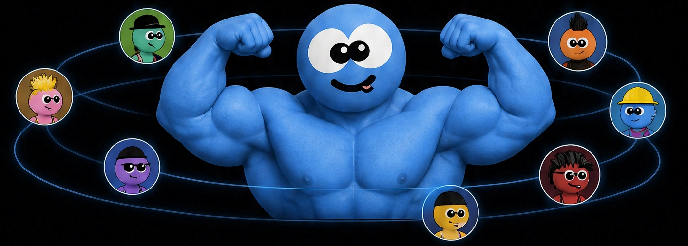 GOMOSIZE flexes with a colorful crew of characters connected by blue orbits
