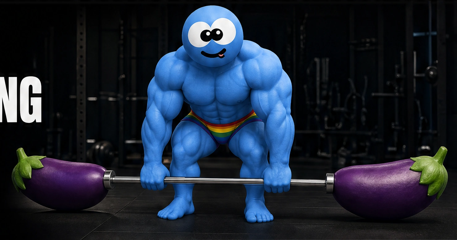 Blue GOMOSIZE deadlifts an eggplant barbell in a dark gym