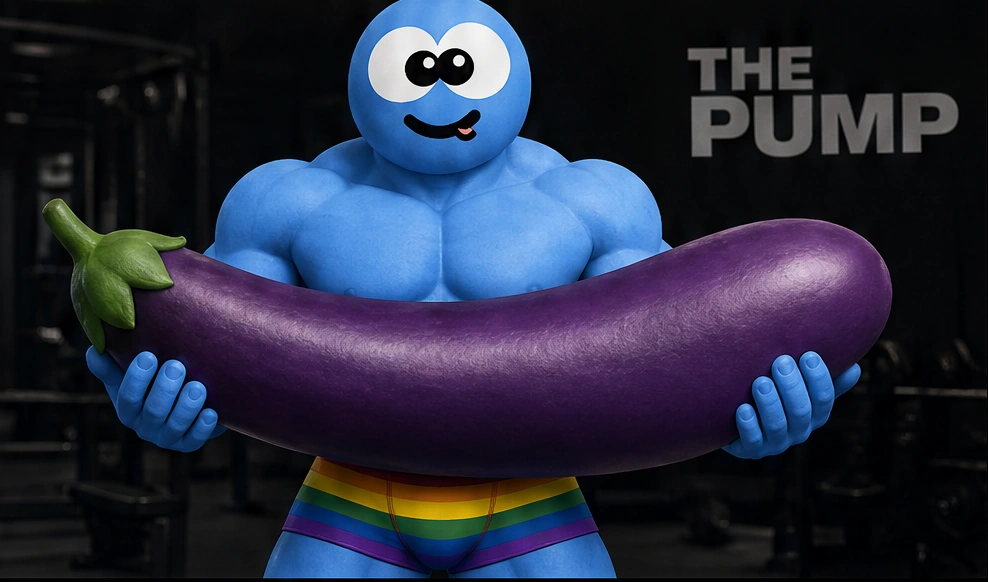The Pump: a blue GOMOSIZE character proudly holds a giant eggplant