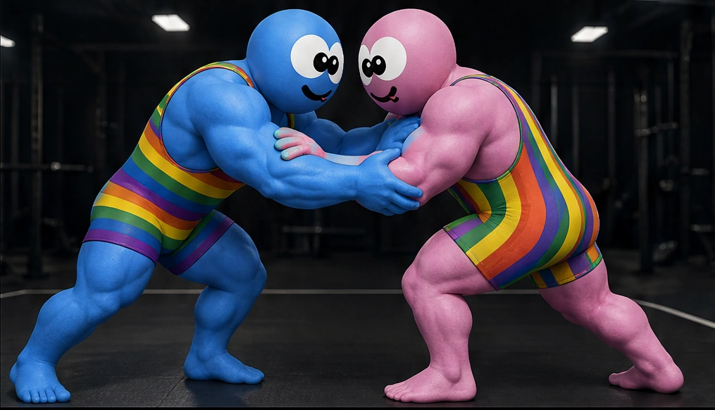 Blue and pink GOMOSIZE characters train together in rainbow singlets